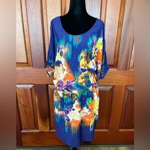 ECI New York BLUE Multi Color Watercolor Print Dress Cap Sleeve Elastic Sz 10